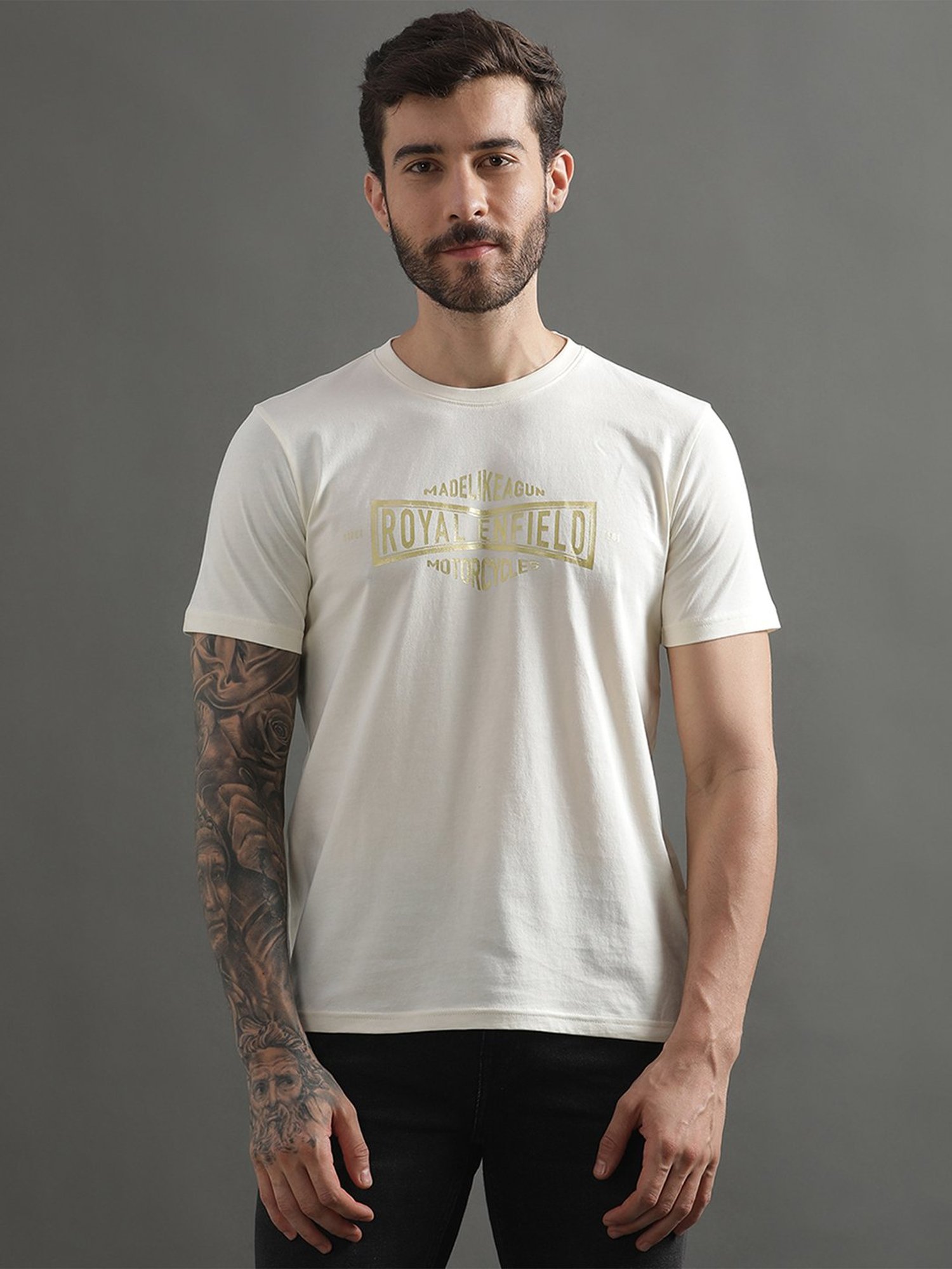 Royal Enfield MLG Off White Regular Fit Printed Crew T-Shirt