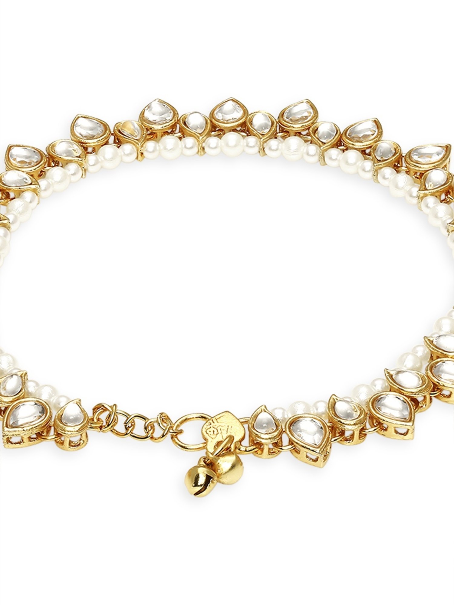 OOMPH Gold Tone Kundan & Pearl Ethnic Anklets in Pair