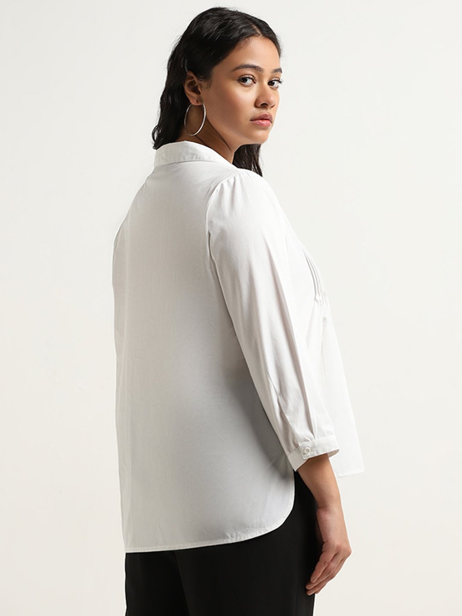 Gia by Westside White Cotton Pintuck Detailed Blouse