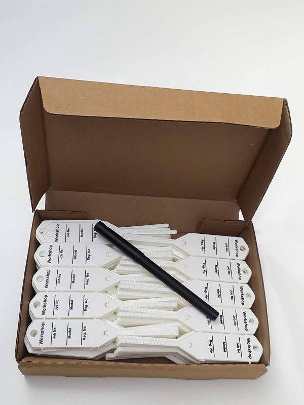 Mechanic Service Auto Key Tags - White self Locking Car Key Tags Made of Waterproof Plastic | Box of 300 Auto Tags | NO Folding, NO Key Rings, NO Laminated Key Tags Necessary | Pen Included