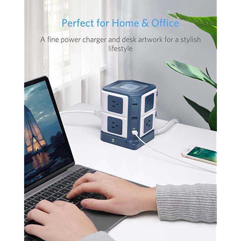 USB Power Strip with Wireless Charger  8-Outlet Surge Protector and 40W 6-Port USB Charging Dock Station,1500 Joules,ETL Listed,Dorm Room Accessories