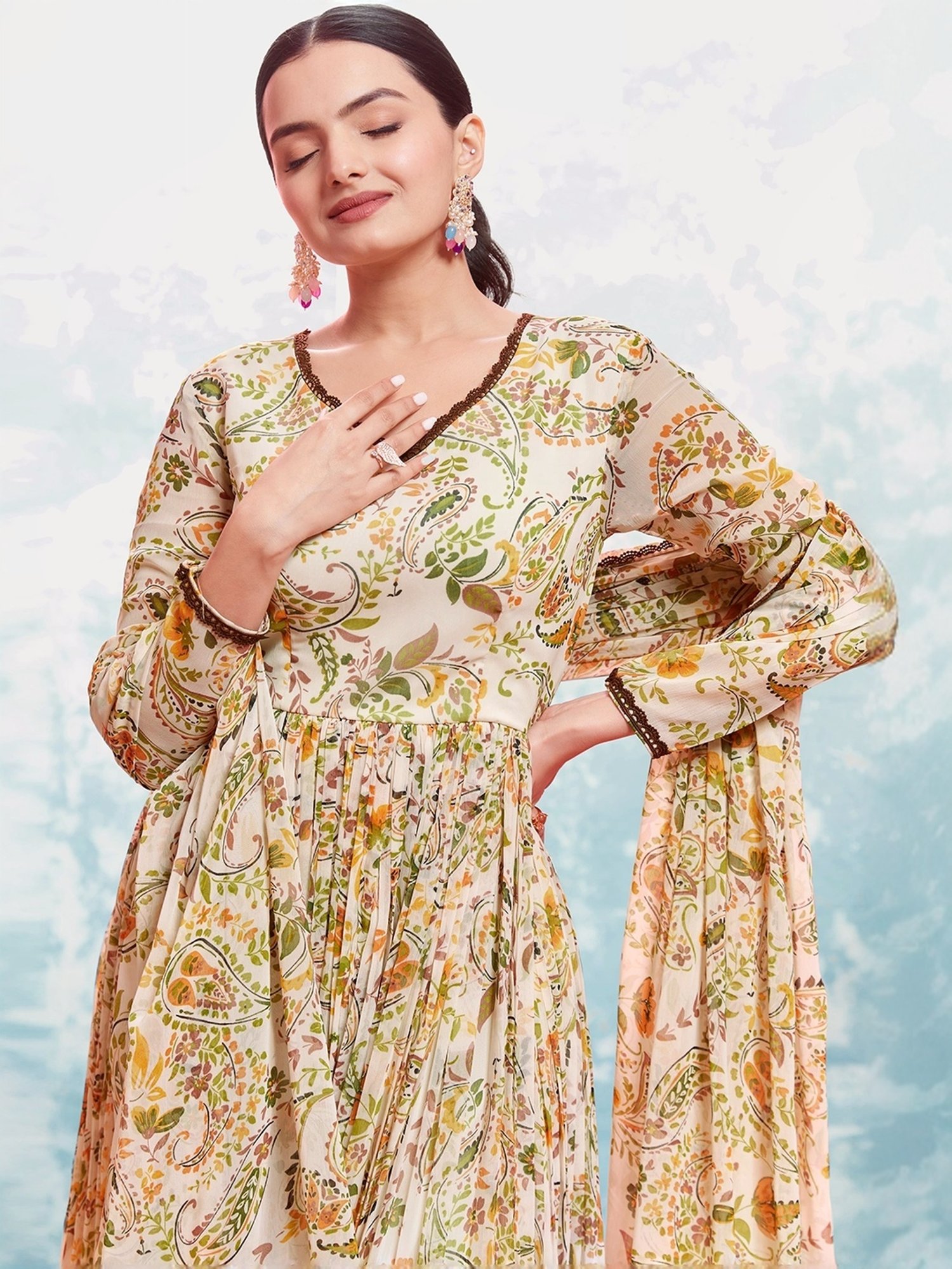 Odette Beige Printed Kurta Pant Set With Dupatta