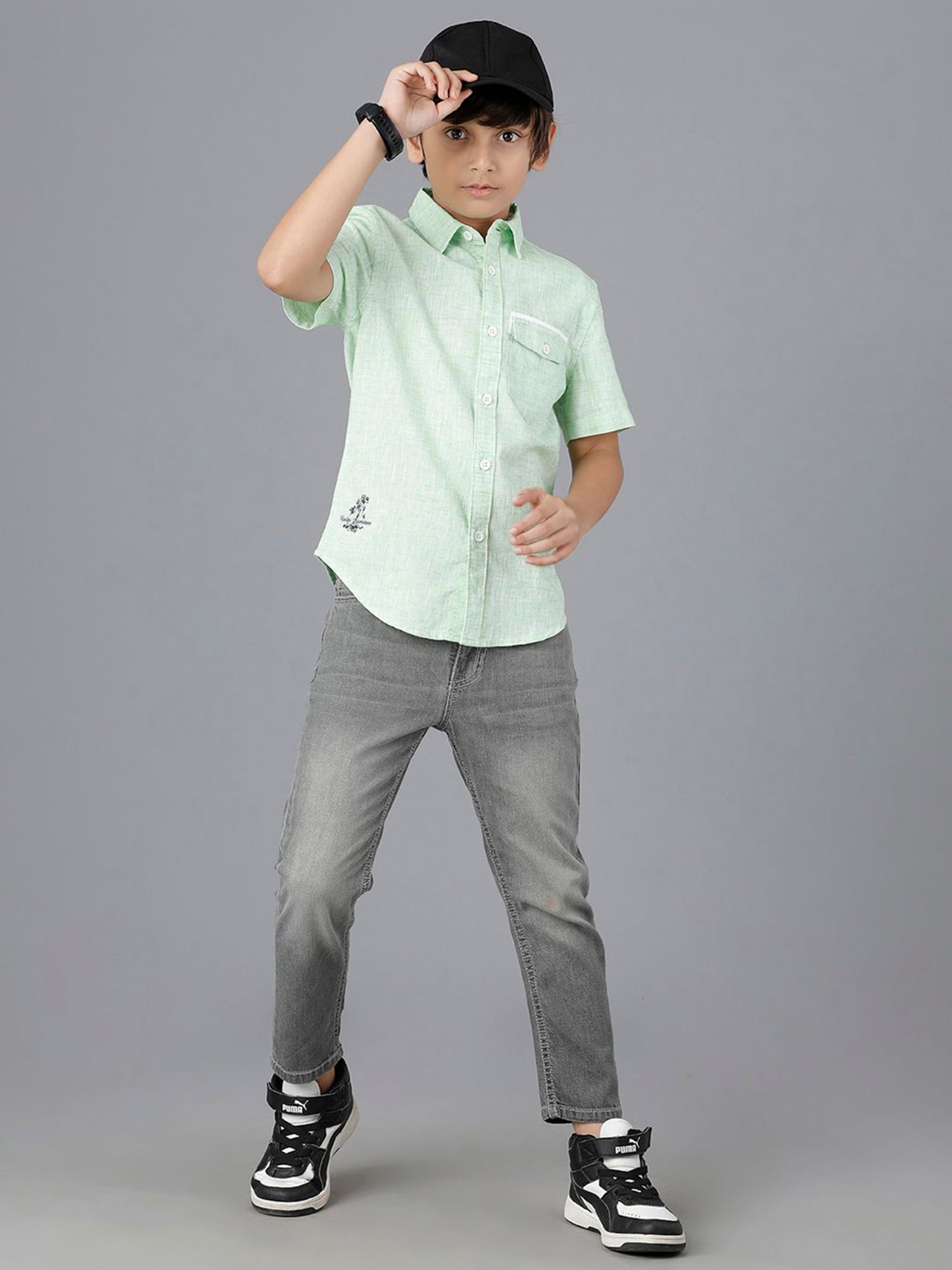 Under Fourteen Only Kids Green Cotton Self Shirt