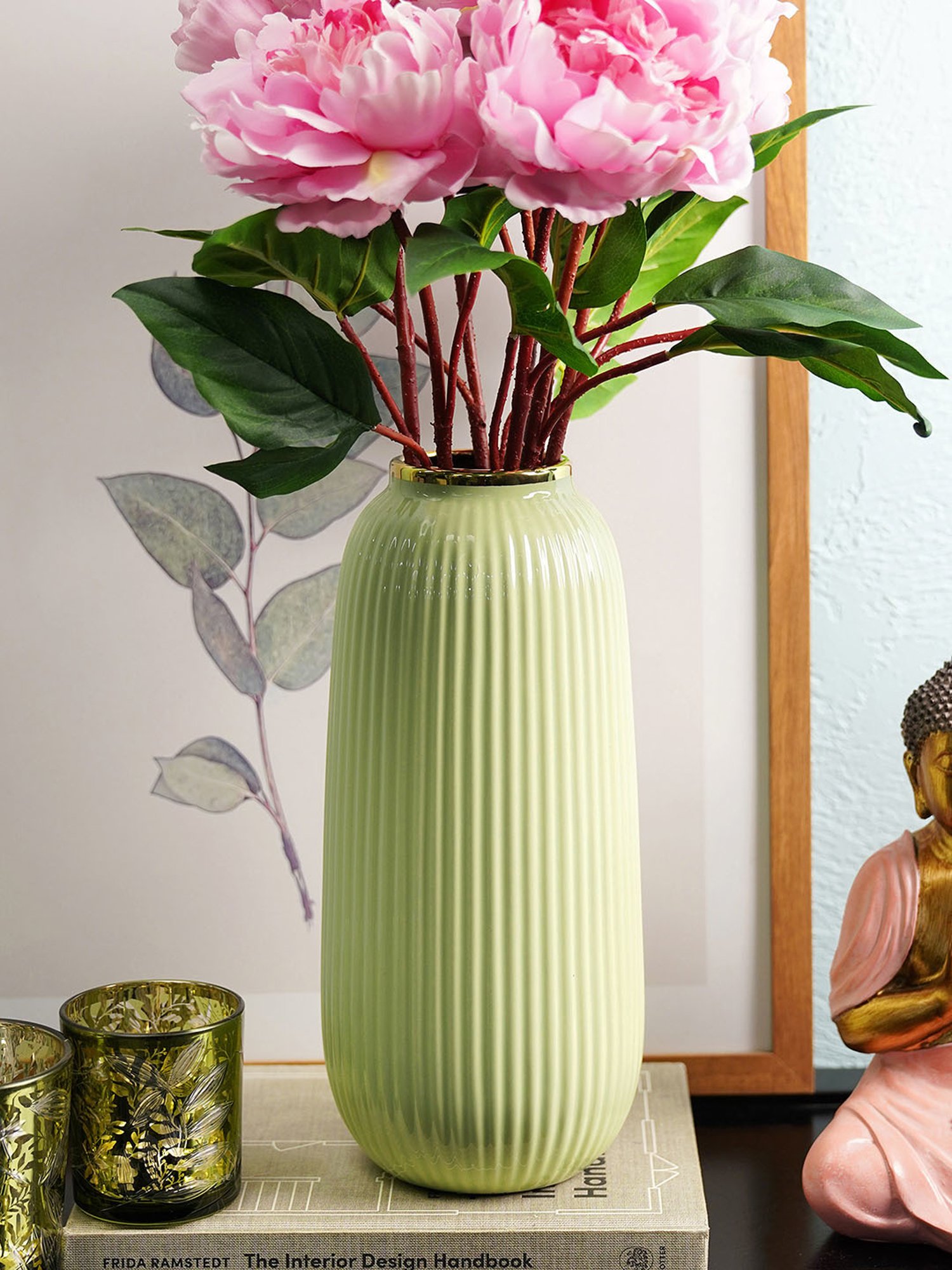 Pure Home and Living Green Ceramic Ribbed Vase