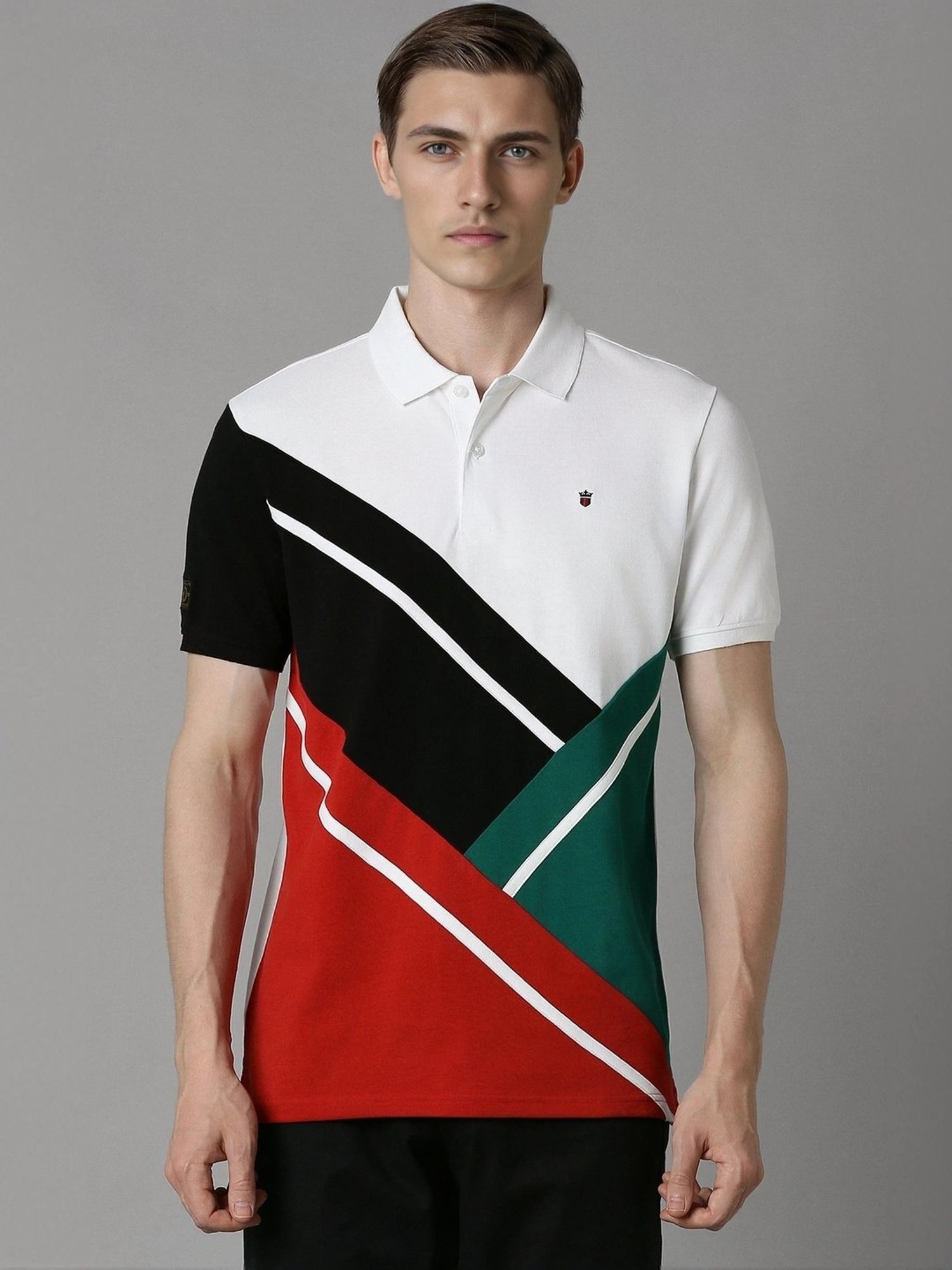 Louis Philippe White Cotton Slim Fit Colour Block Polo T-Shirt