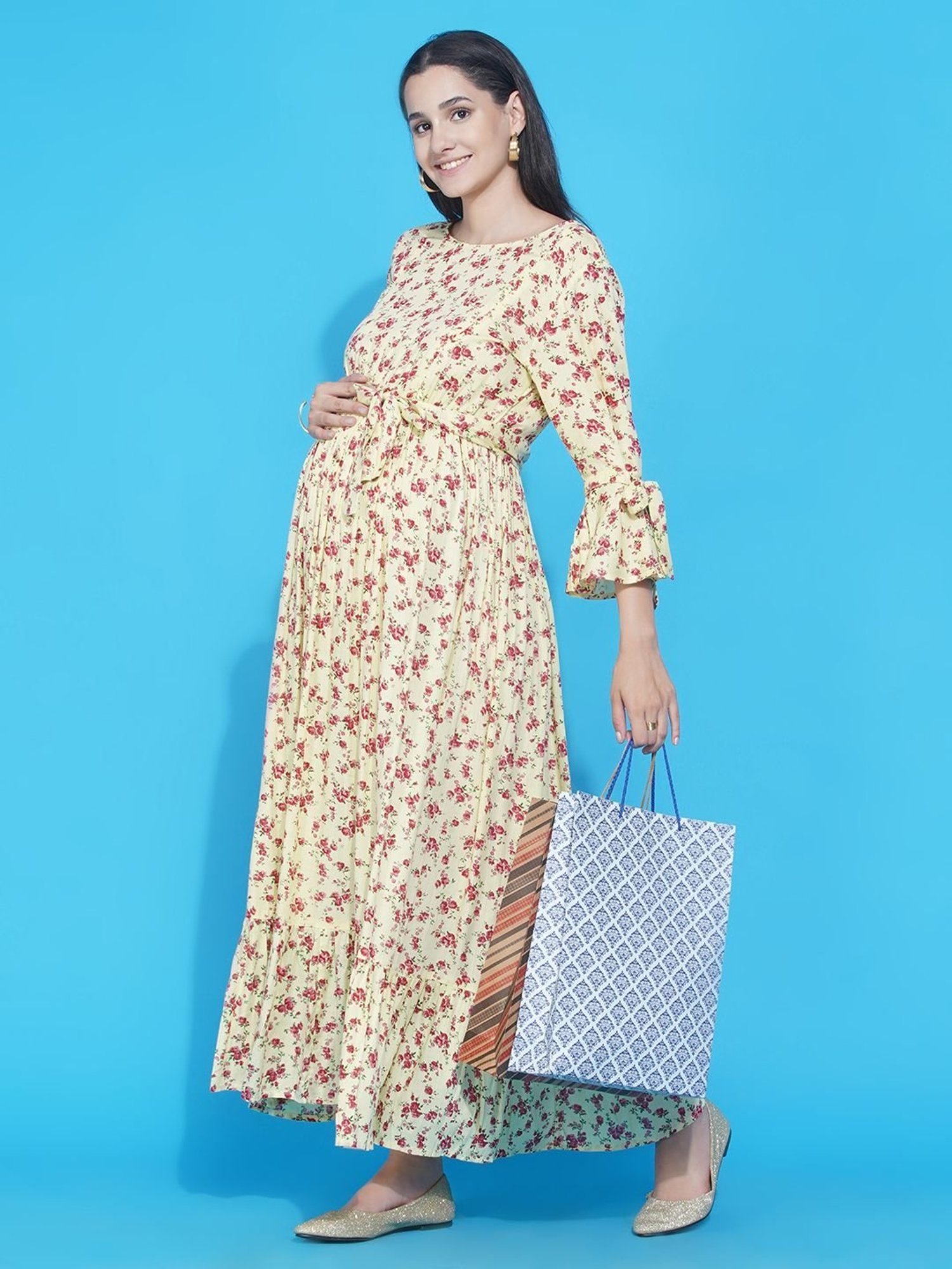 Mine4Nine Yellow & Pink Floral Print Maxi Maternity & Nursing Dress