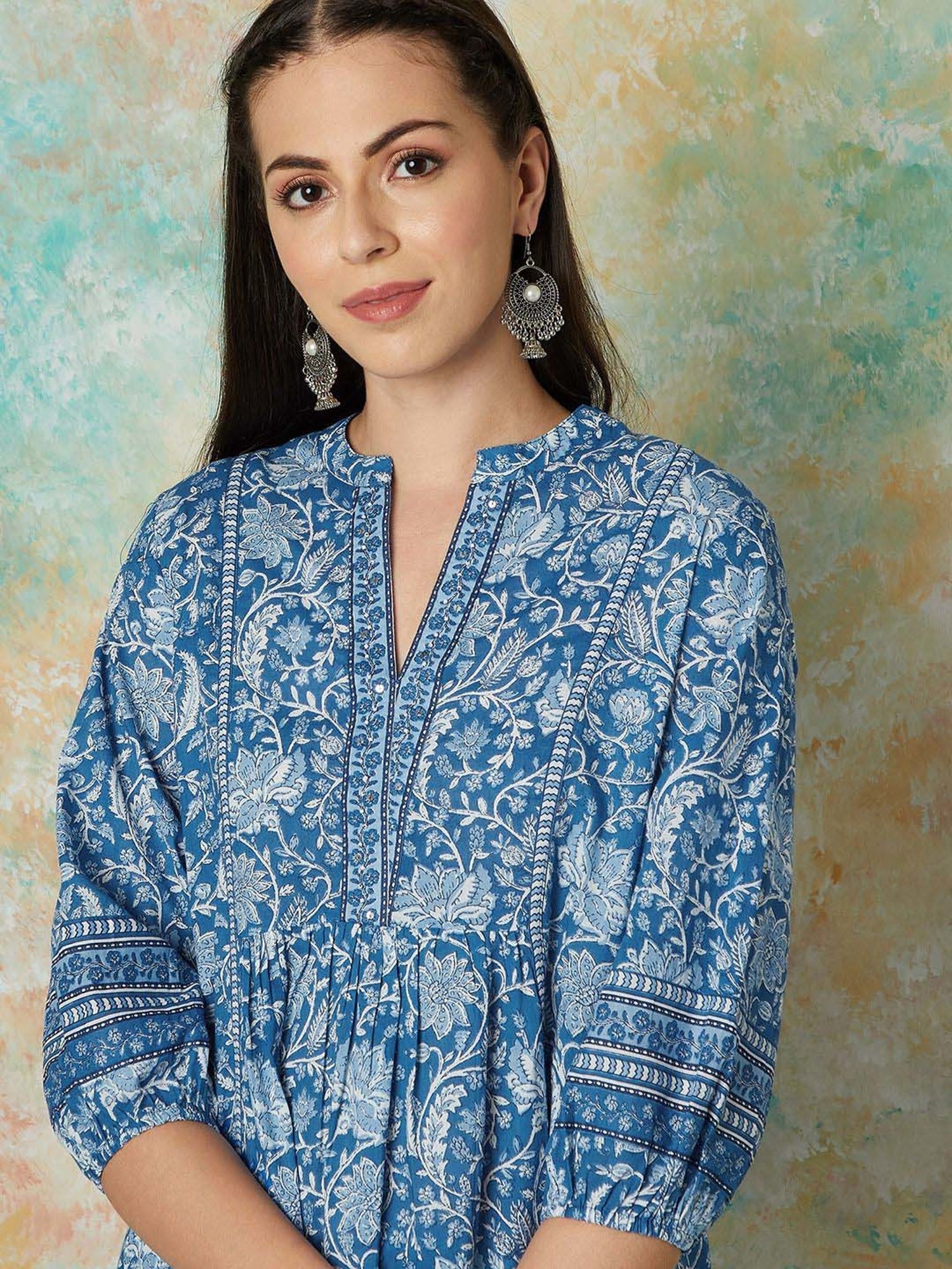 Melange by Lifestyle Blue Cotton Floral Print Tunic
