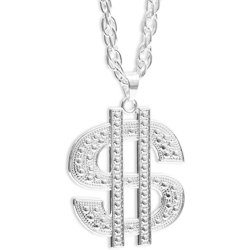 Blue Panda Silver Dollar Sign Pendant with Chain Necklace for Men and Halloween Party, 15"