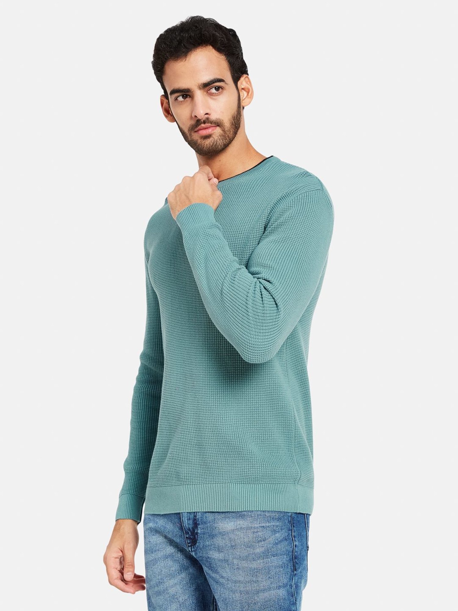 METTLE Nile Blue Cotton Regular Fit Sweater