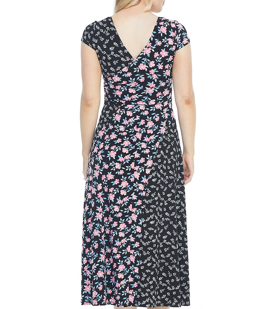 Maggy London Mixed Floral Print Jersey Surplice V-Neck Faux Wrap Midi Dress