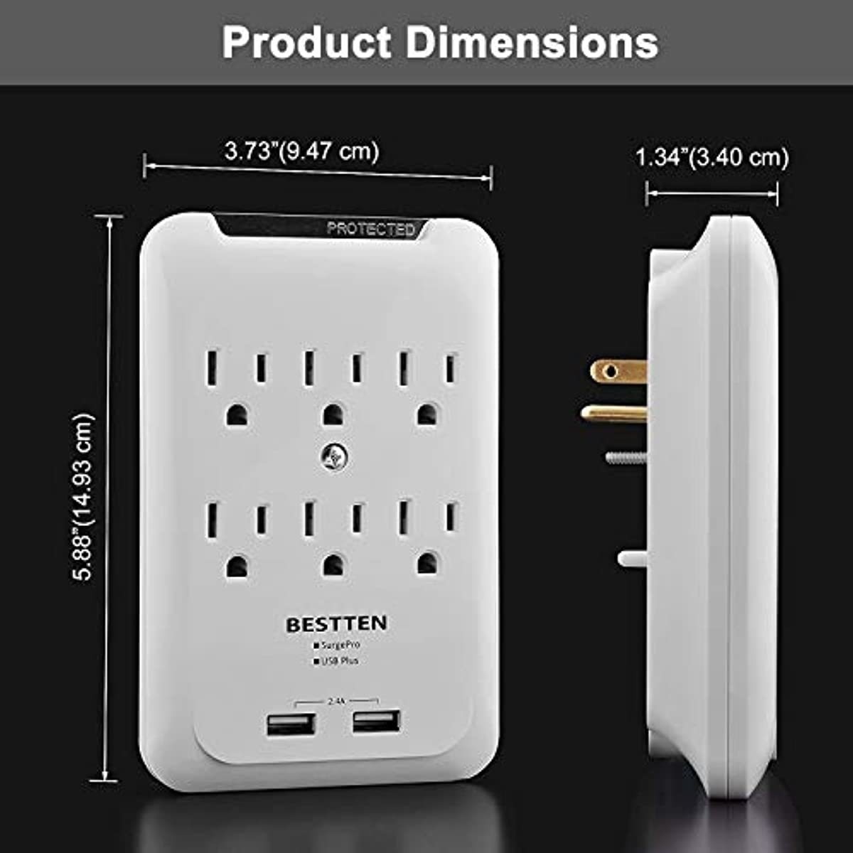 BESTTEN 6-Outlet Wall Mount Surge Protector with Dual USB Charging Ports (5V/2.4A), 15A/125V/1875W, ETL Certified, White