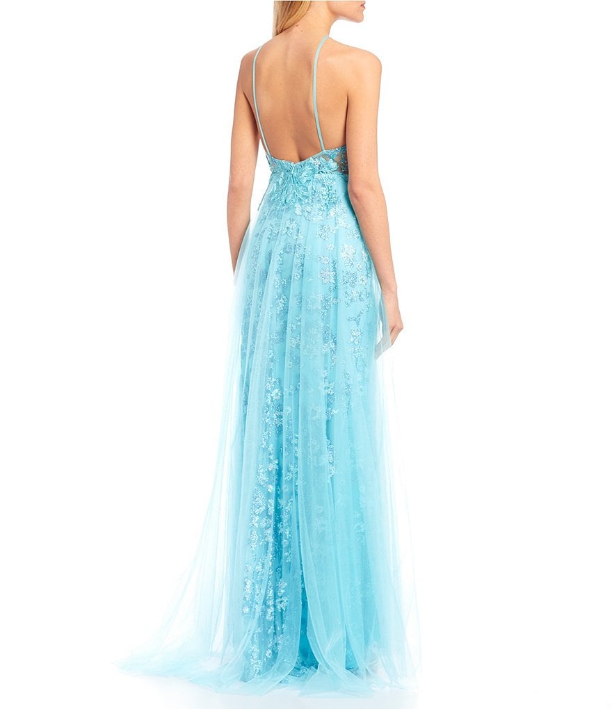 Coya Collection Spaghetti Strap Plunging V-Neck Beaded Embellished Mesh Dress