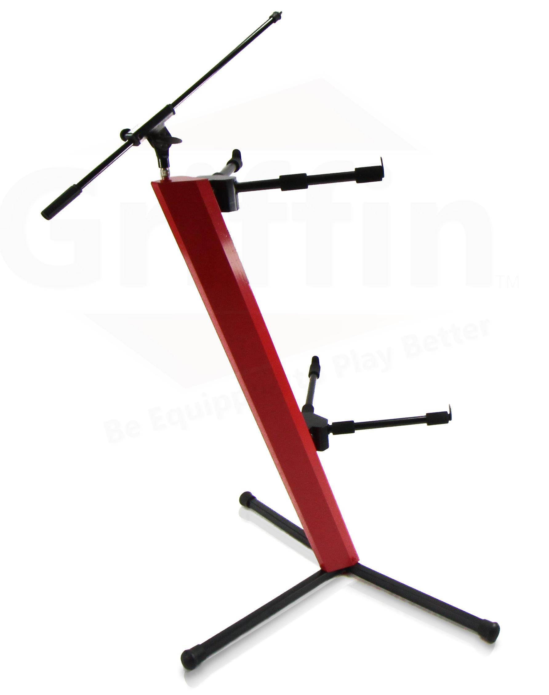 2-Tier Column Keyboard Stand with Mic Boom Arm by GRIFFIN | Double Sliding Multi Mounting Platform Red Stage Tower Rack | Holder for Digital Piano, Turntable, DJ Audio Gear, Studio Laptop Synthesizer
