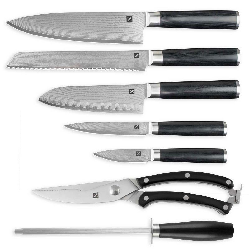 Zelancio ZEL-KSET-7PC 7 Piece Japanese VG-10 Folded Damascus Steel Blade, Carbon Steel Core, and Pakka Wood Handle Chef Kitchen Knife Set
