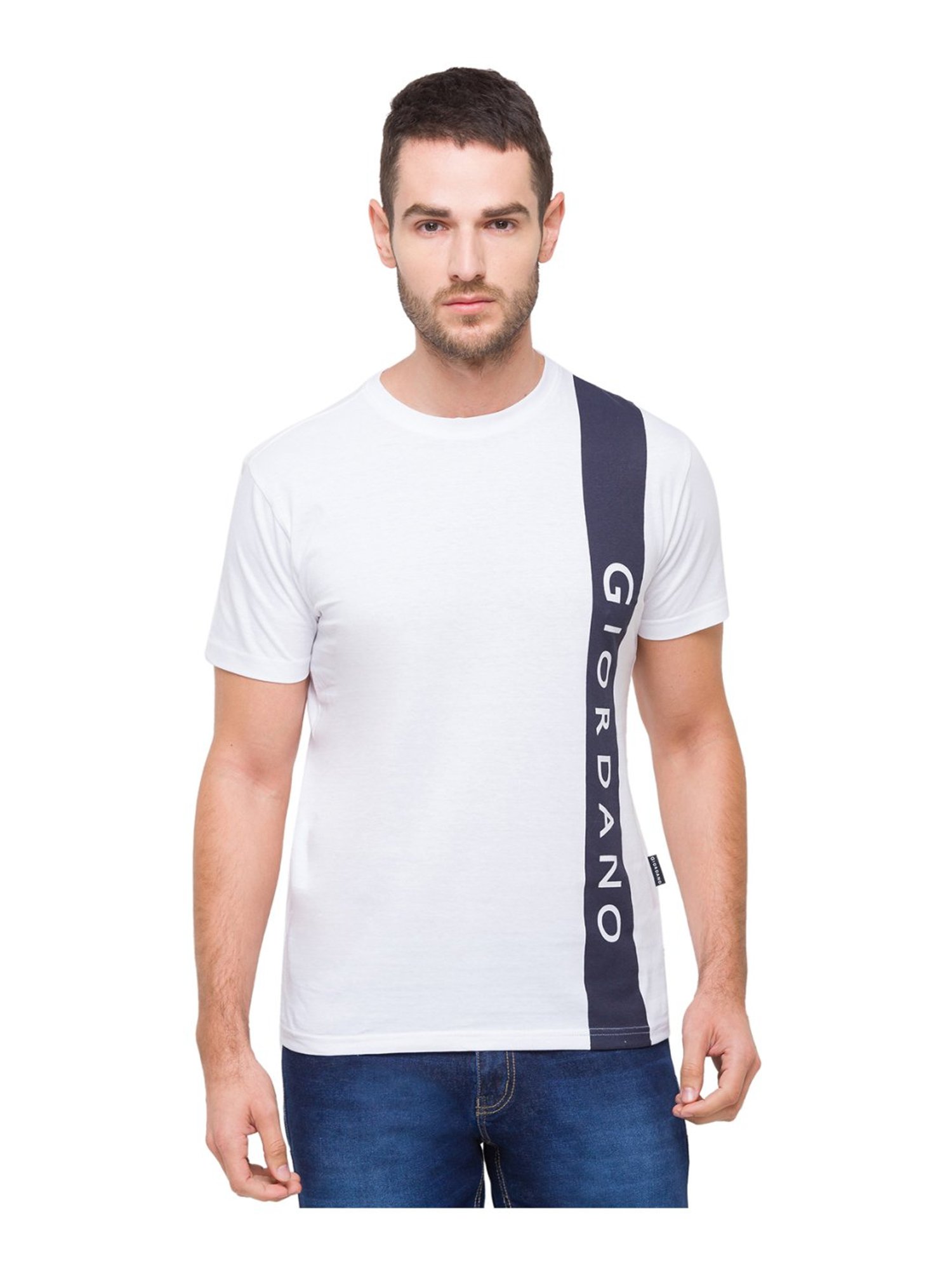 Giordano White Cotton Slim Fit Logo Printed T-Shirt