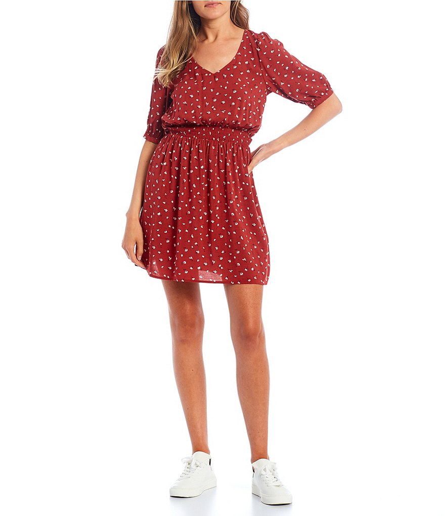 Copper Key Short Sleeve Ditsy Print Smocked Waist Dress