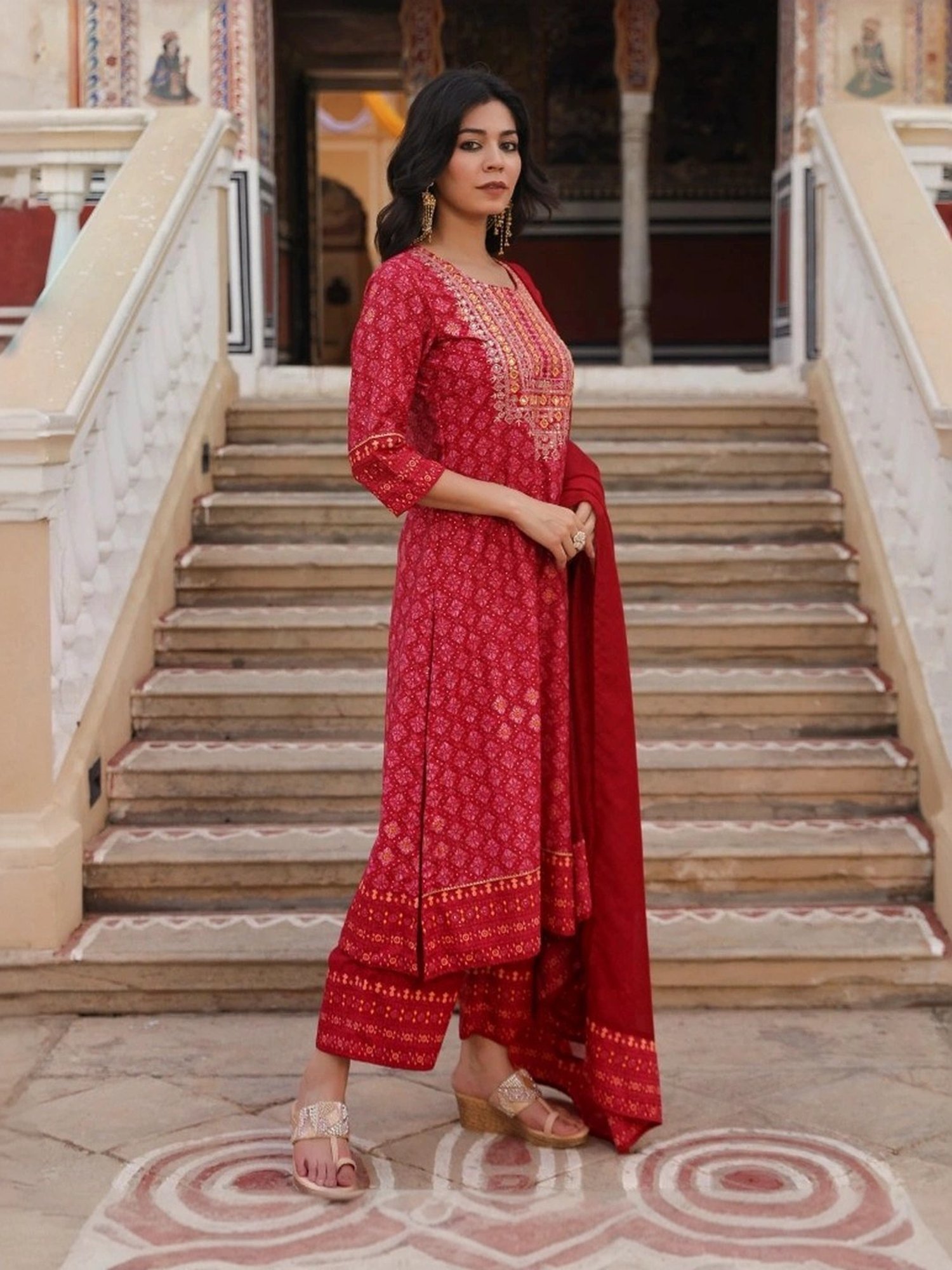 Juniper Red Cotton Embellished Kurta Pant Set With Dupatta
