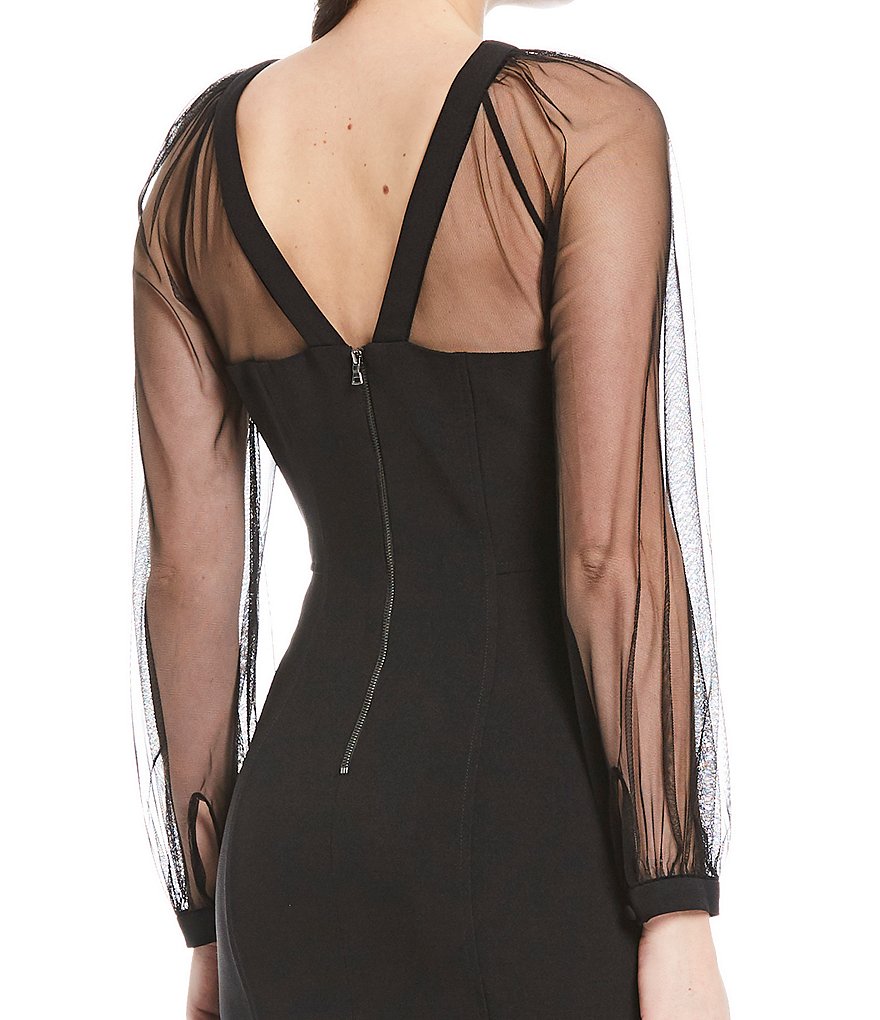 Maggy London Illusion Sleeve Crepe Midi Sheath Dress