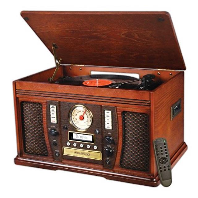 Victrola VTA-750B Nostalgic Aviator 7-in-1 Turntable Wooden Entertainment Center with Bluetooth, Mahogany
