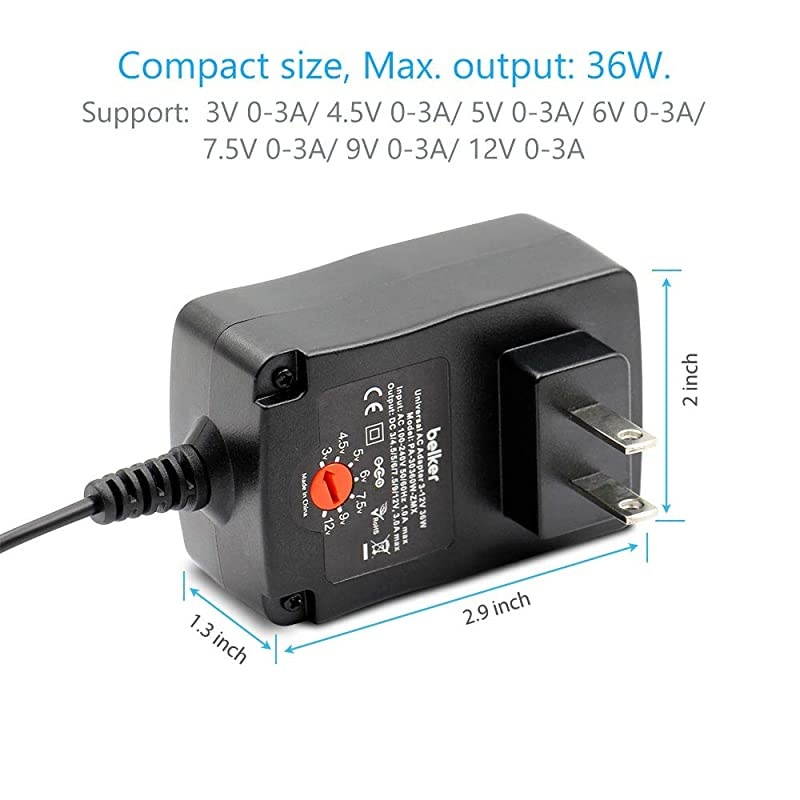 36W Universal 3V 4.5V 5V 6V 7.5V 9V 12V AC DC Adapter Power Supply for LCD LED Light Strip Router HUB Speaker Smart Phone Tablet Kindle and Echo Dot TV Box 1A 1.5A 2A 2.5A 3A 3000mA Amp Max.