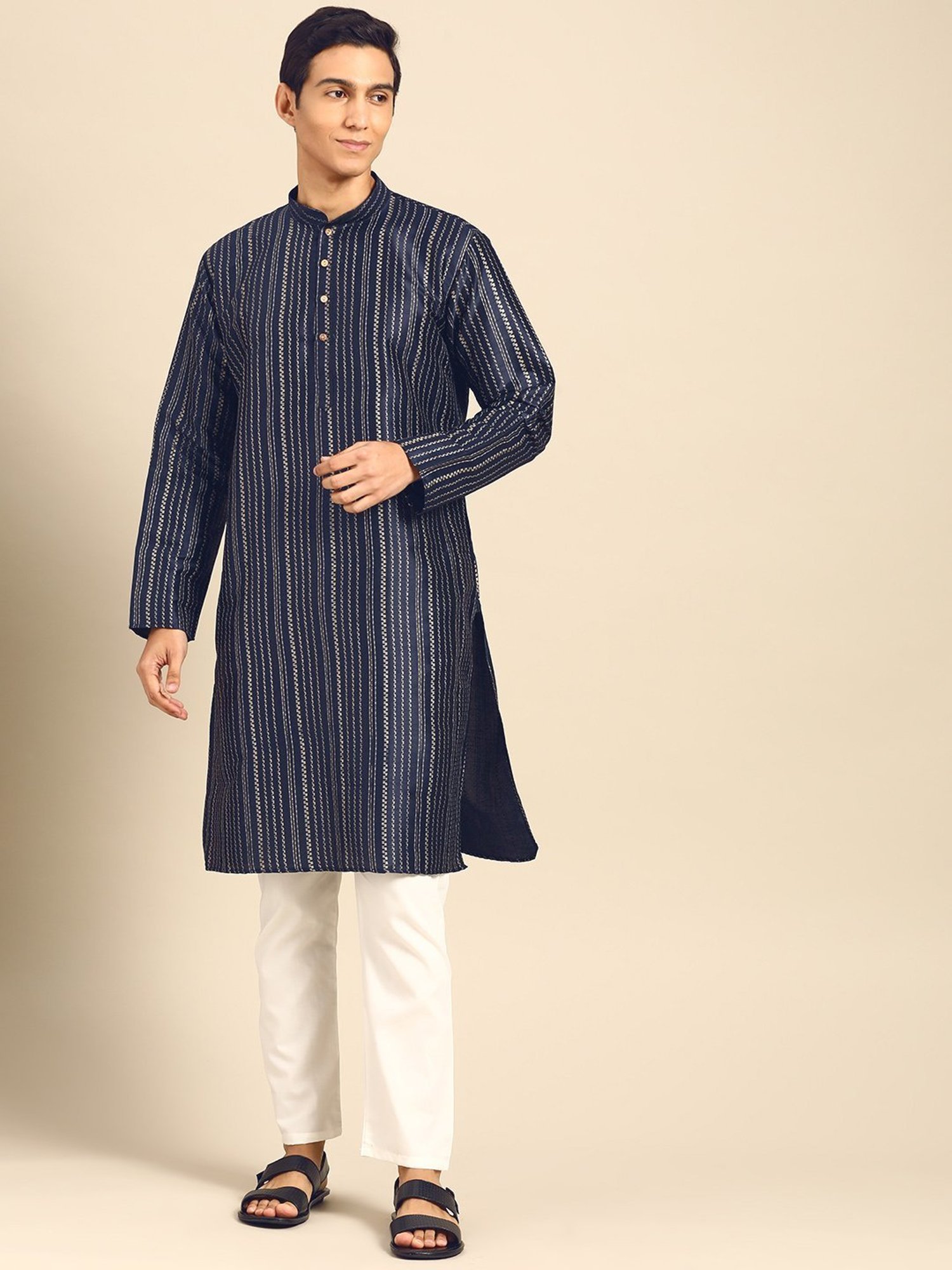 ManQ Navy & White Regular Fit Printed Kurta Bottom Set