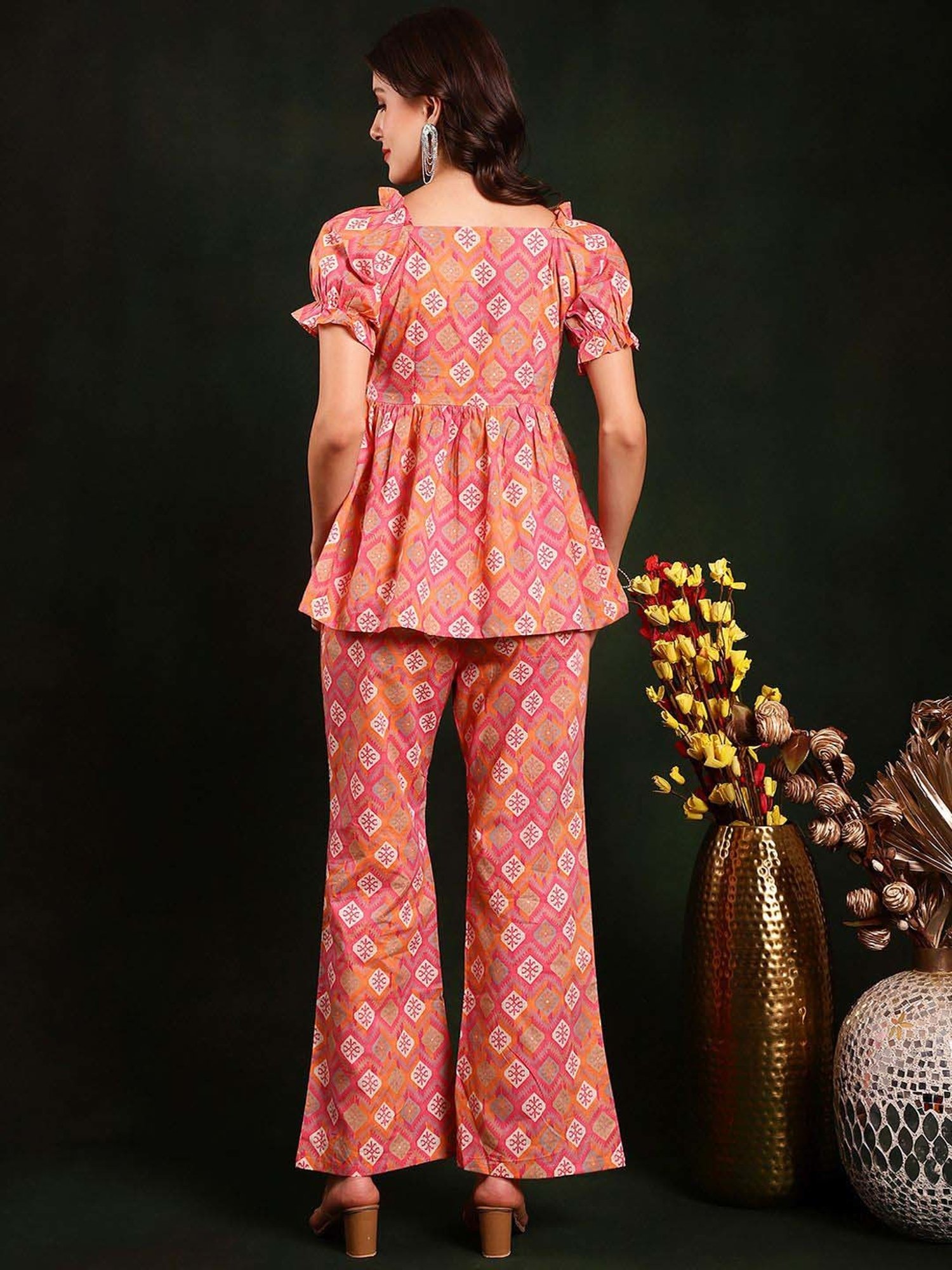 Claura Pink Cotton Printed Top Pant Set