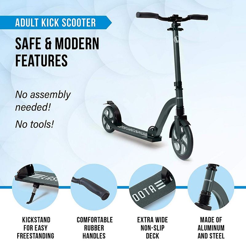 LaScoota Premium Adult Teen Adjustable Portable Folding Kick Scooter with Wide Non Slip Deck and Carry Strap for Age 20 Year and Up, Gray