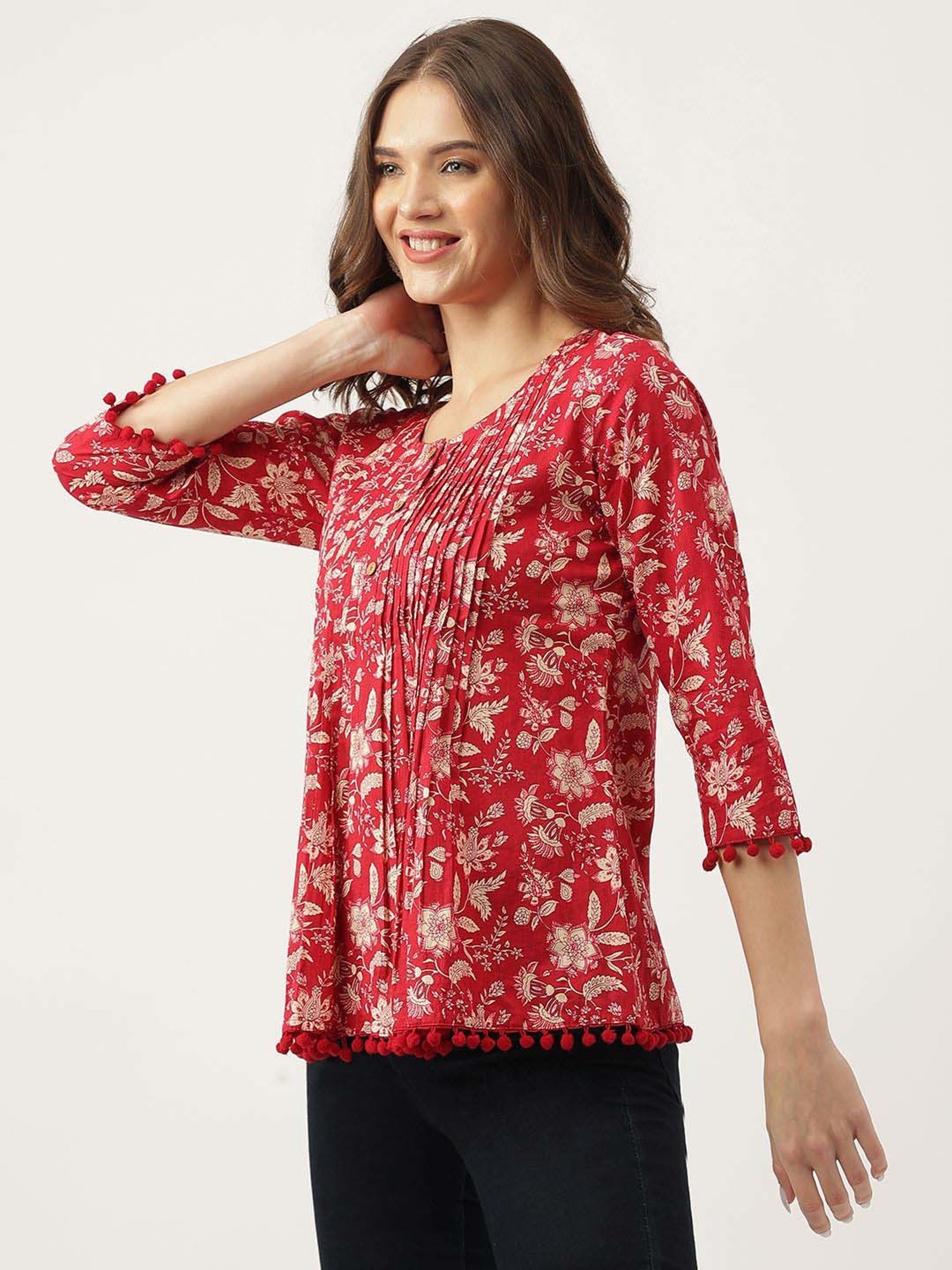 Divena Red Cotton Floral Print Top