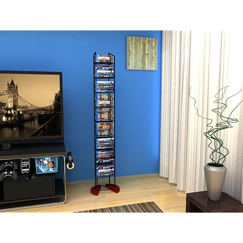 Wire Frame Media Tower - 93 DVD Storage Rack, Wide Stable Base, PN 72212041 in Black Metal and Cherry Wood