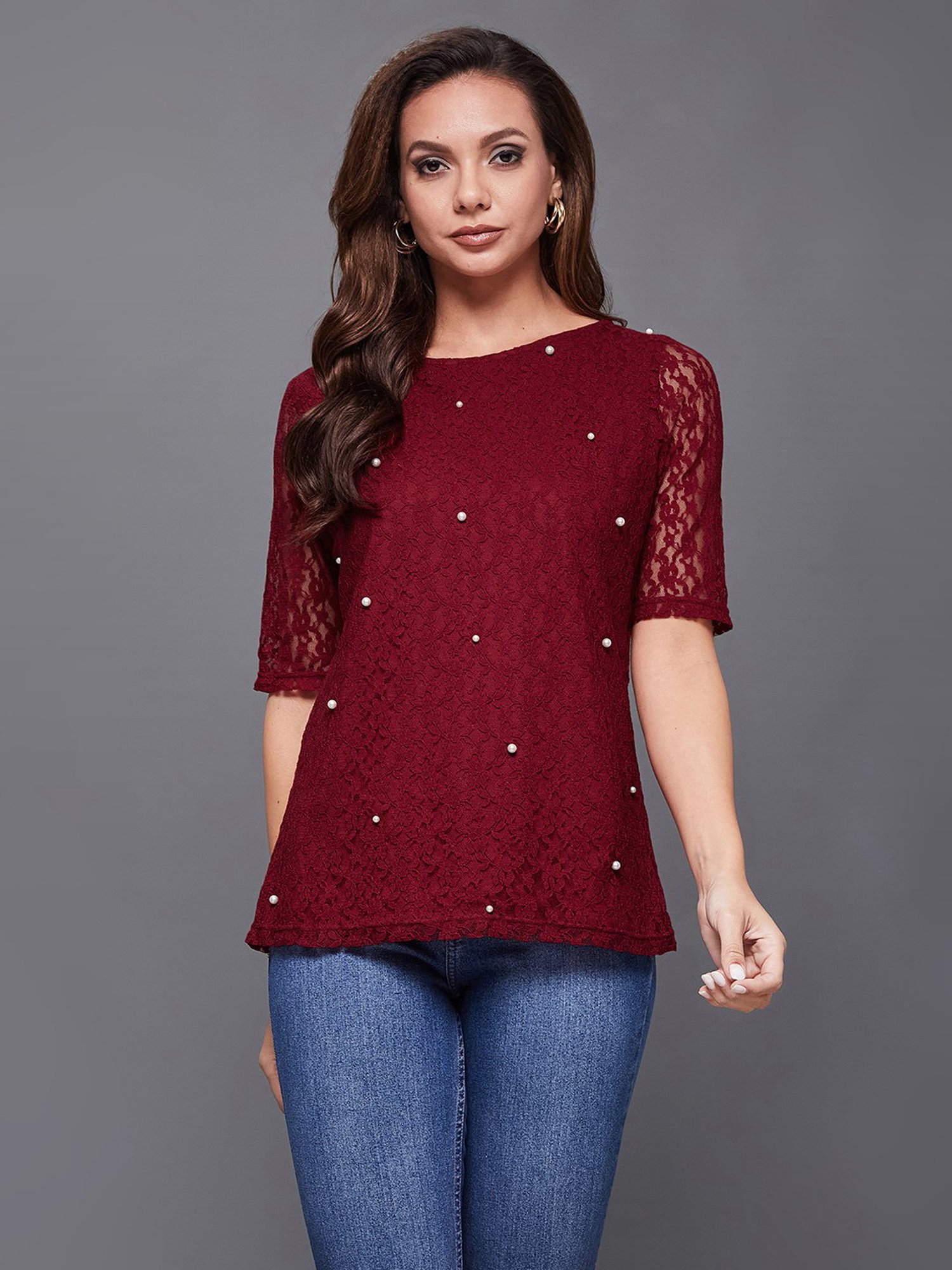 Miss Chase Maroon Embellished Top