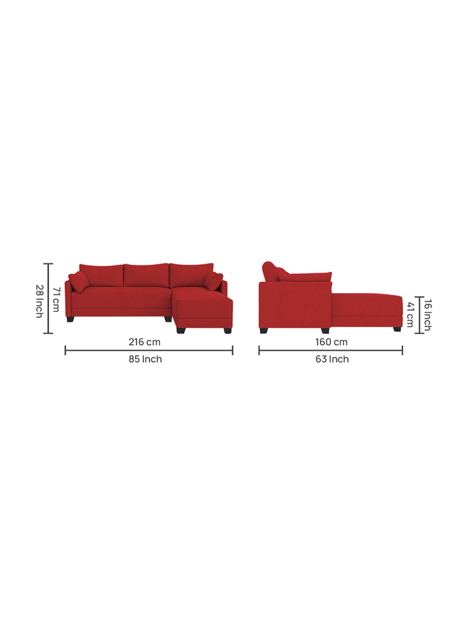 Trevi Duke Red Fabric & Neem Wood 6 Seater RHS Sectional Sofa