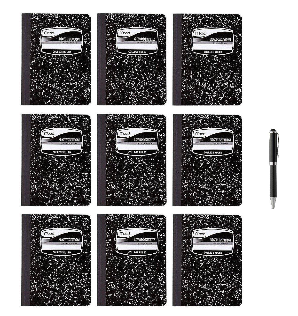 9 Pack-of Mead Square Deal Composition Book, 100-Count, College Ruled, Black Marble, 6 Pack (09932) - Bundle Includes Plexon Ballpoint Pen