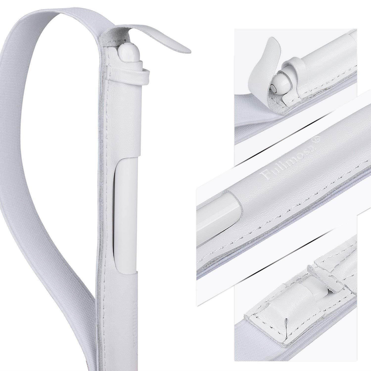 Fullmosa 4 Colors for Apple Pencil Holder, Genuine Litchi Texture Leather Apple Pencil Sleeve with USB pocket Handmade Compatible with iPad Pro 12.9" Cases, White