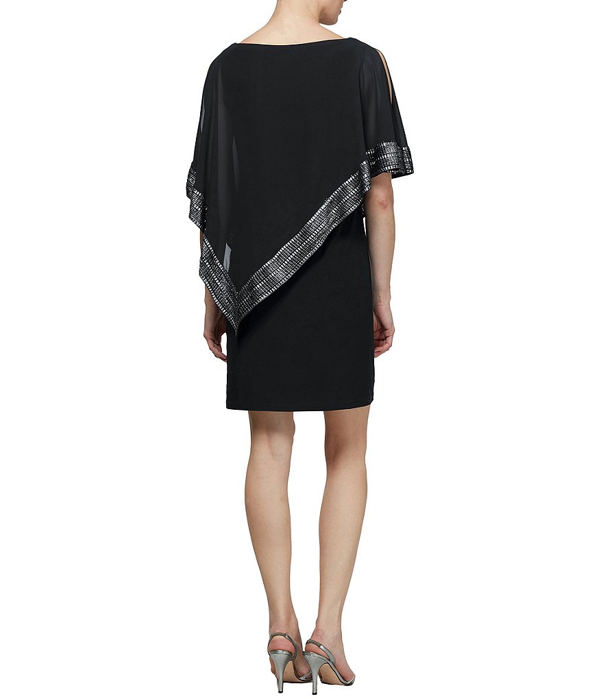 Ignite Evenings Round Neck 3/4 Cold Shoulder Sleeve Foil-Trim Asymmetrical Hem Dress