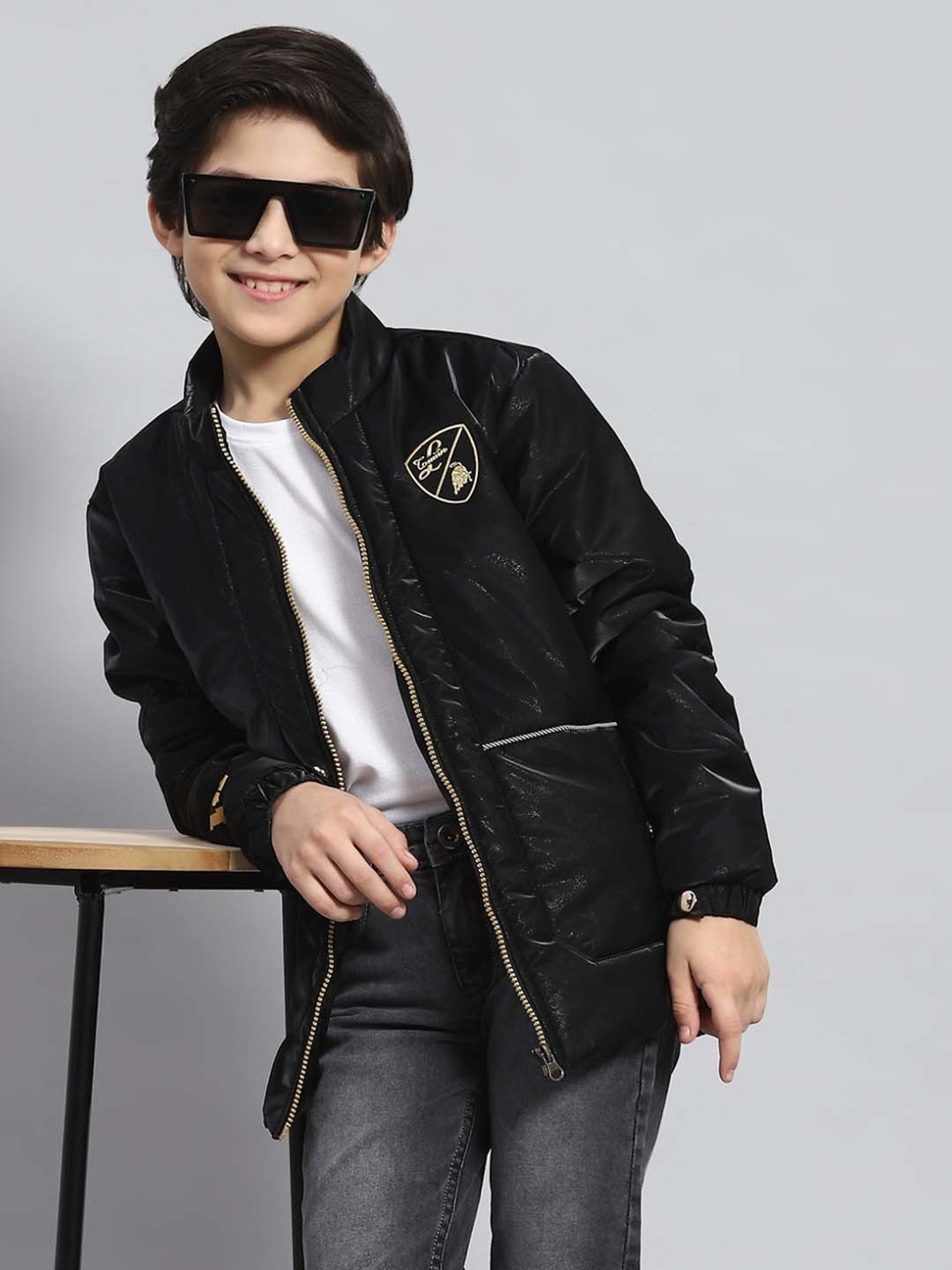 Monte Carlo Kids Black Printed Full Sleeves Jacket