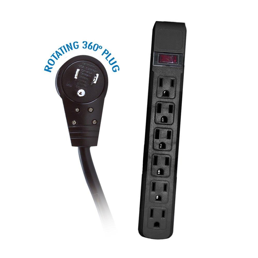 ACL 4 Feet Power Cable with 6 Outlets Surge Protector, Flat Rotating Plug, Horizontal Outlets, Black