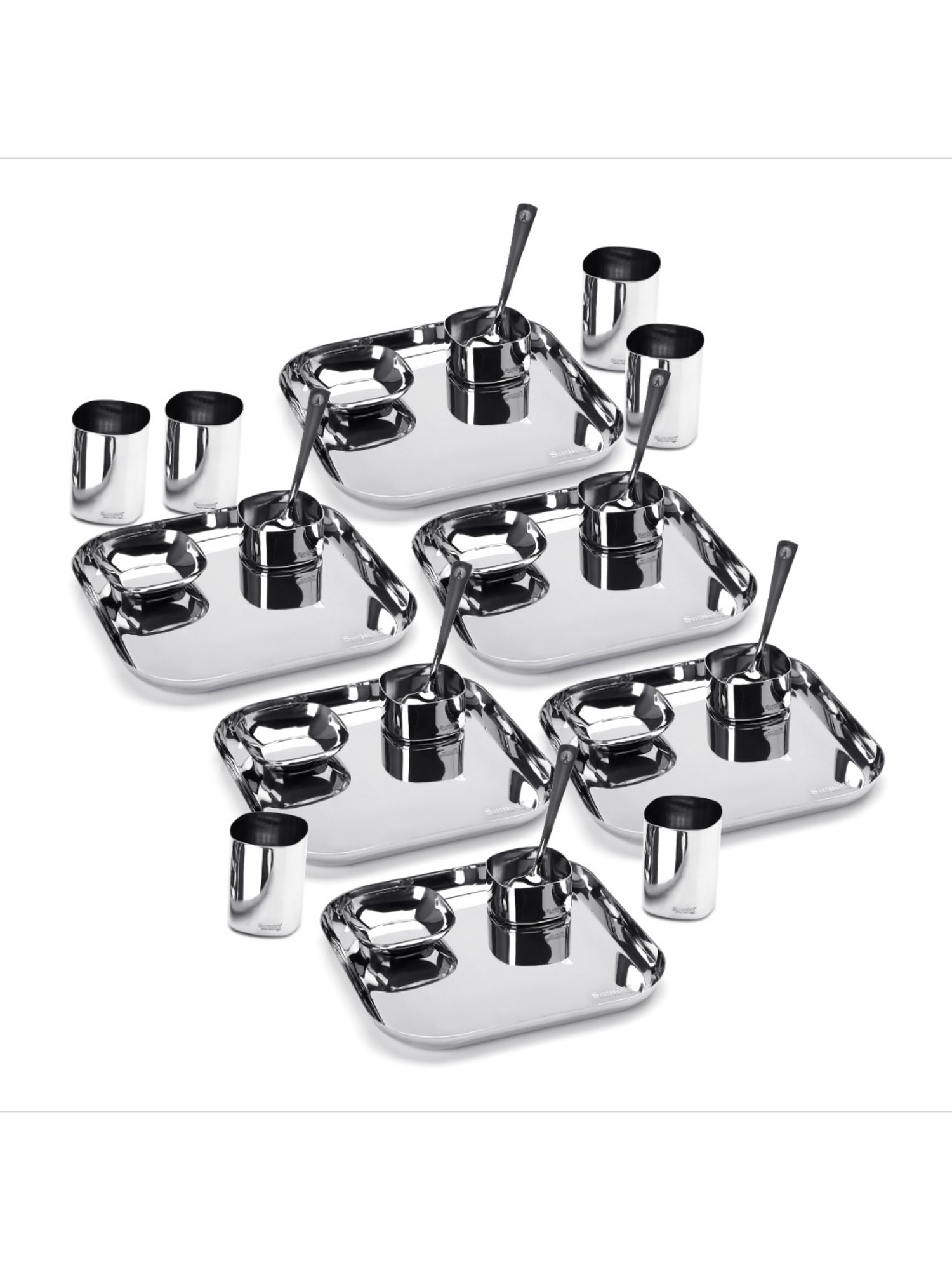 Sumeet Square S.S. Mirror Finish Dinner set of 30Pc(6 Plate,6 Halwa Plate,6 Bowl ,6 Glass,6 Spoon)