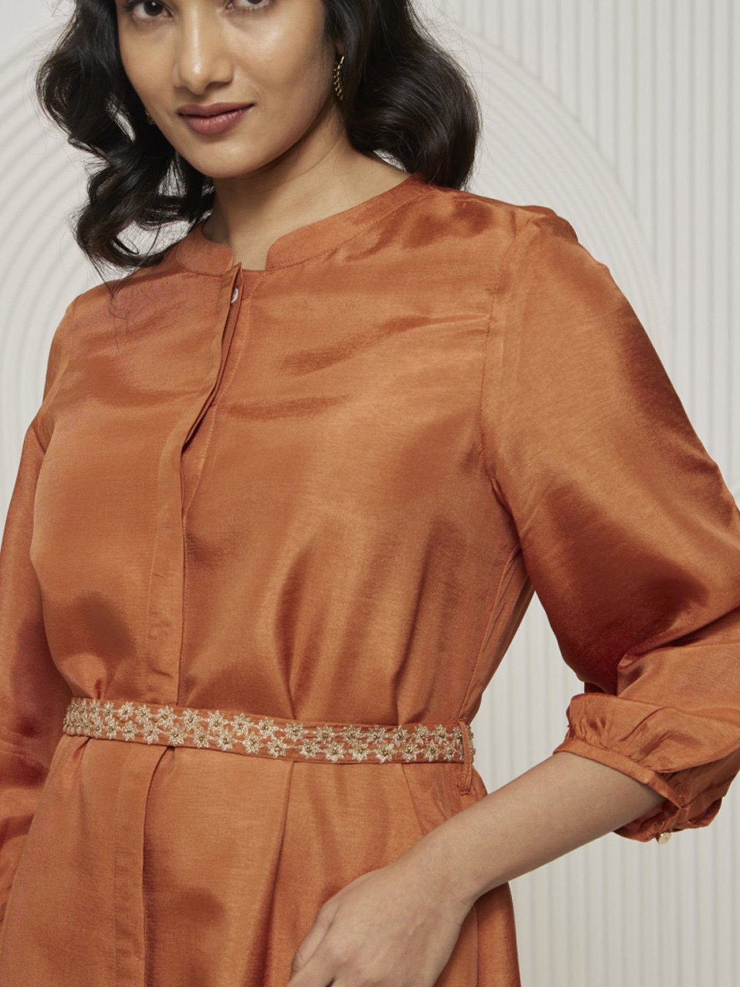 Artagai Gold Flame Romancing Aari 3/4th Sleeve Dress With Bishop Sleeve And Belt