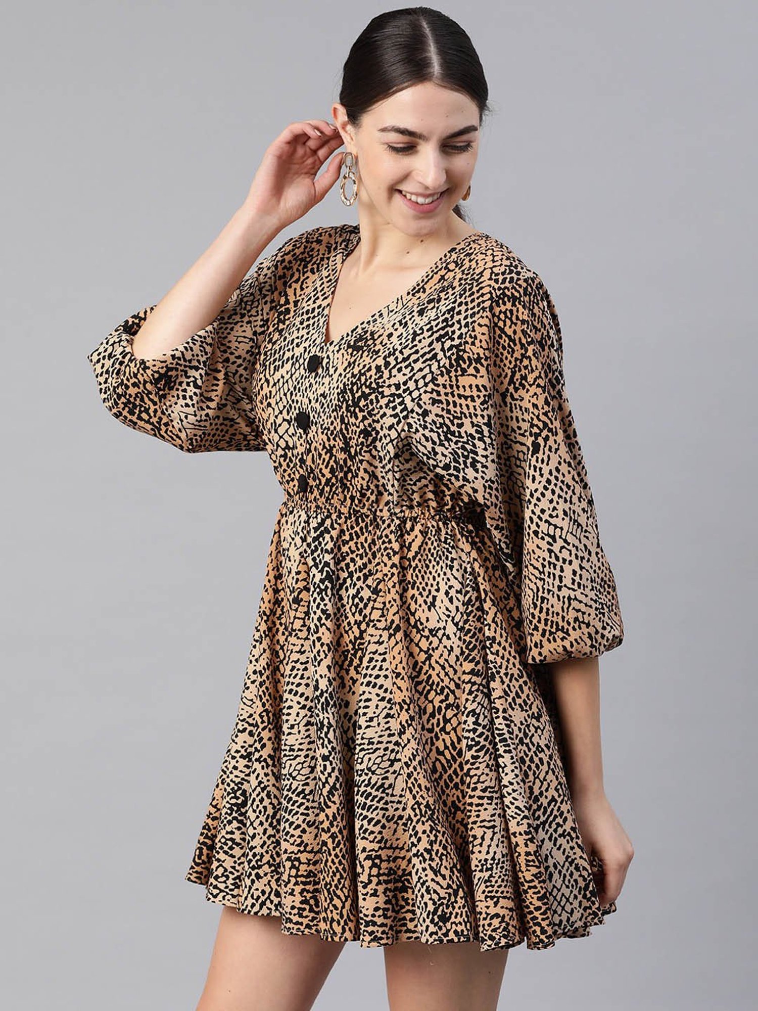 KASSUALLY Beige Animal Print Fit & Flare Dress