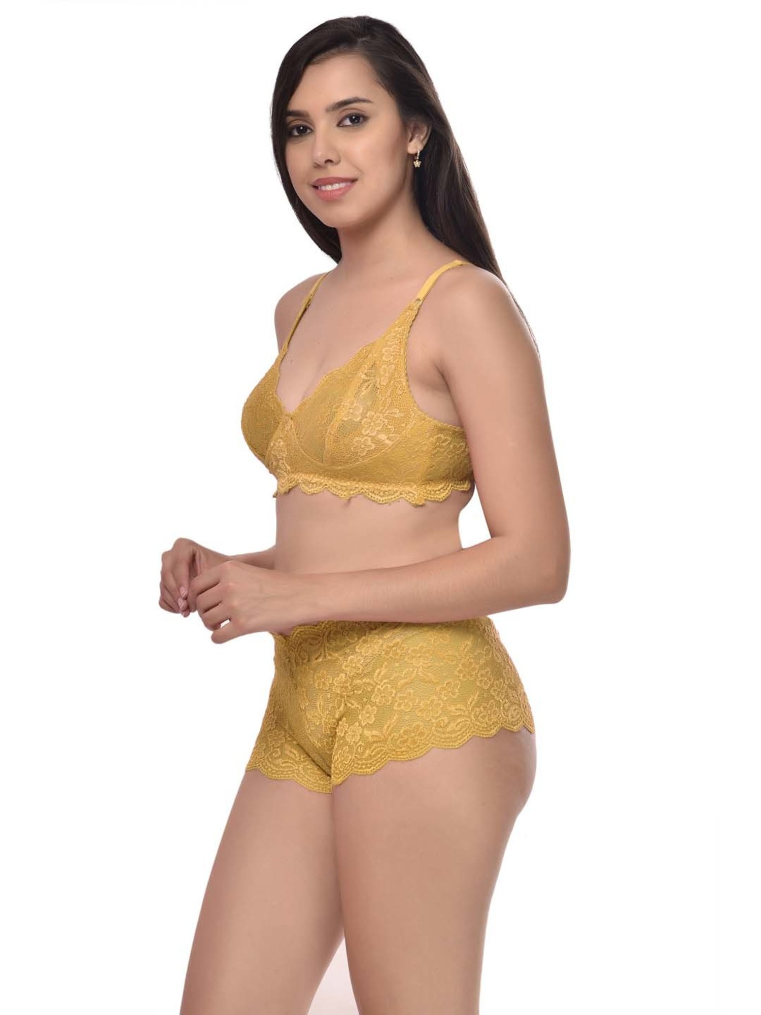 mod & shy Black Self Pattern Lingerie Set