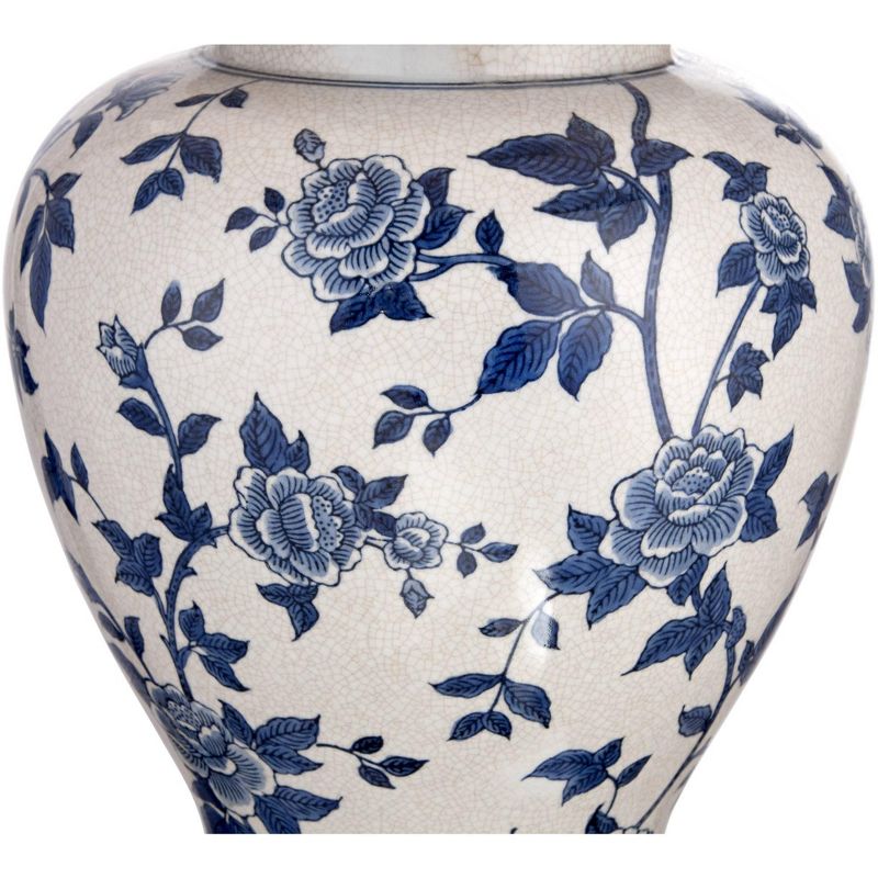 Barnes and Ivy Traditional Table Lamp Crackle Ceramic Blue and White Rose Vine Temple Jar White Bell Shade for Living Room Family