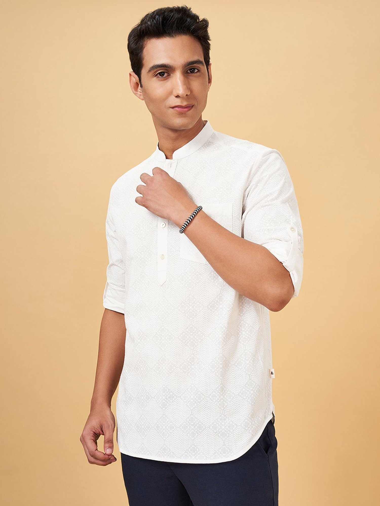 Indus Route By Pantaloons White Pearl Regular Fit Texture Short Kurta