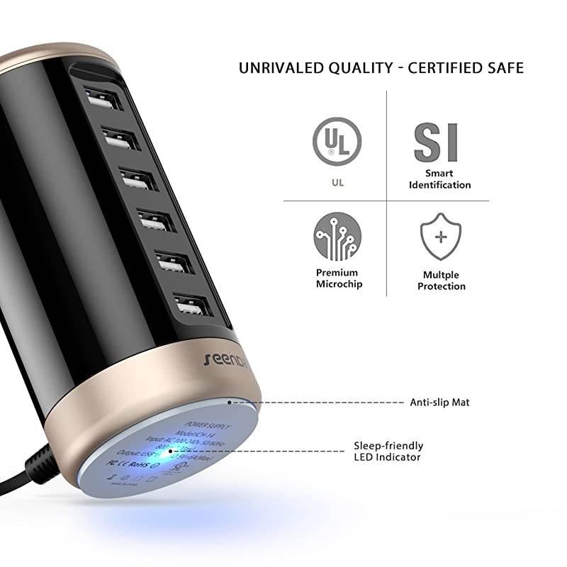 USB Charger Multi Wall Charger 6Port USB Charging Station with Smart Identification Black amp Gold