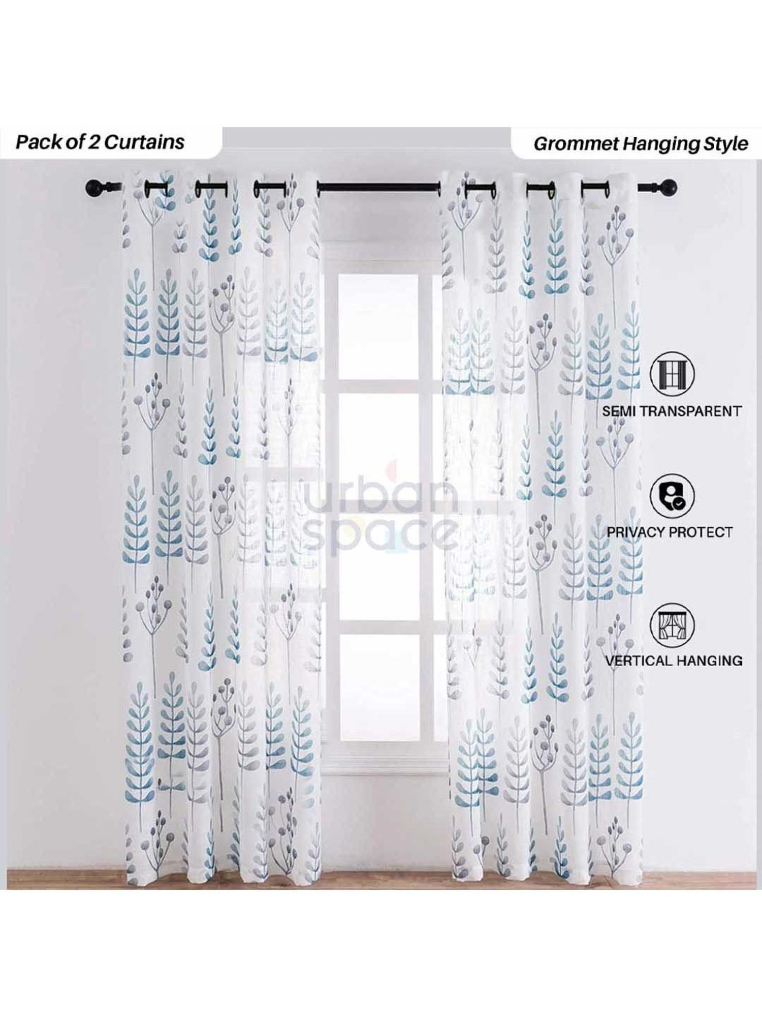 Urban Space Blue Polyester Door Curtain With Tieback & Eyelet - Set of 2