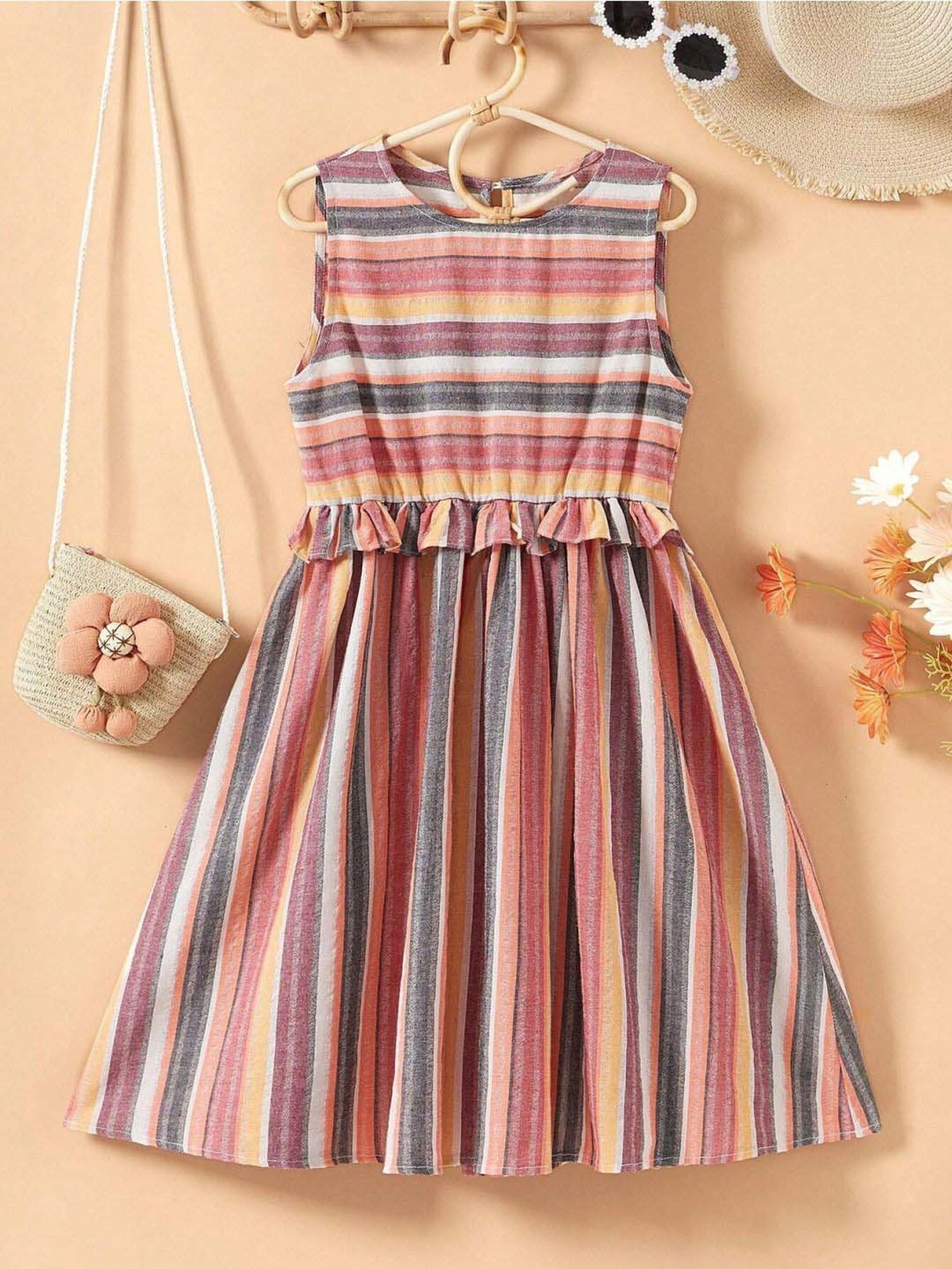 Bolly Lounge Girls Brown & Beige Striped Dress