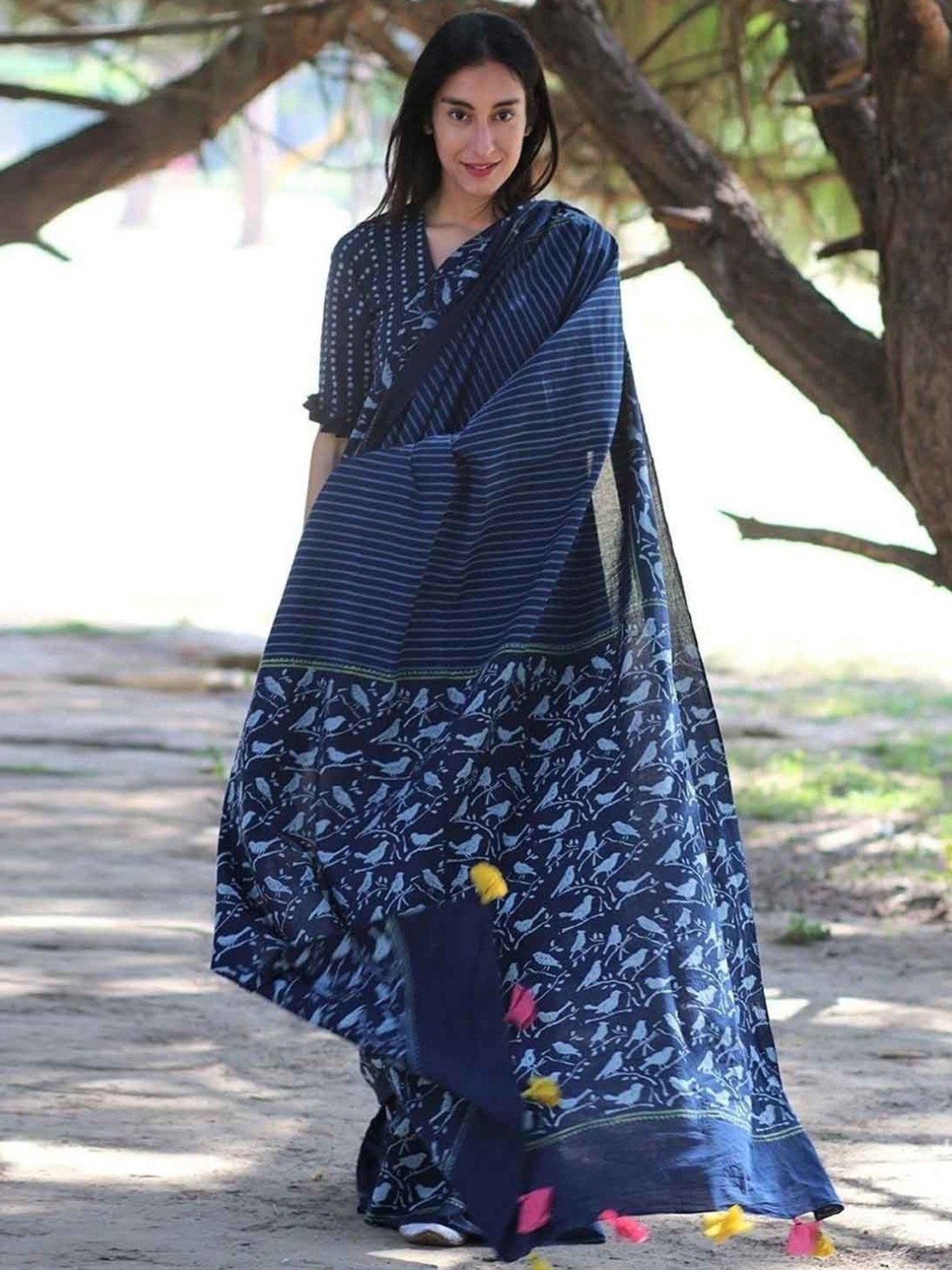 Chidiyaa Blue Block Printed Cotton Mul Saree