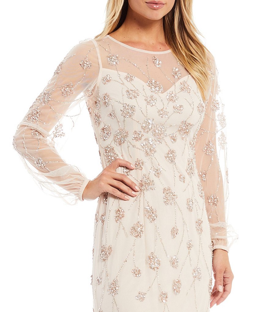 Adrianna Papell Beaded A-Line Long Sleeve Boat Neck Gown