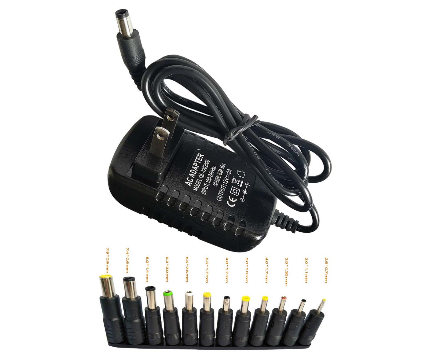 Easyday AC 100V-240V Switching Power Supply DC 12V 2A Power Adapter 24W 2000mA US Plug 5.5x2.1mm with 12pcs DC Power Adapter Connectors