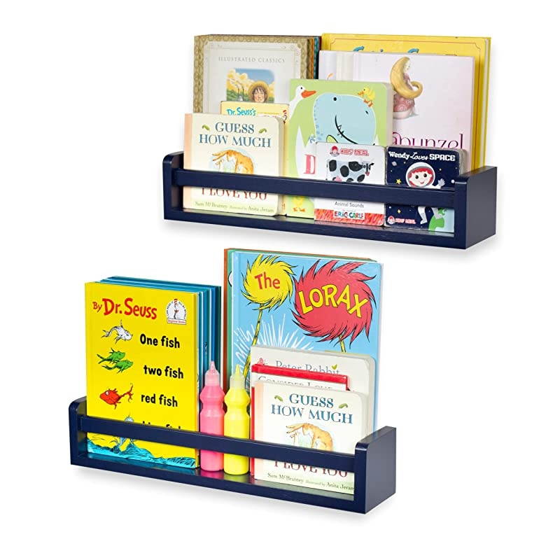 Children's Wall Shelves &ndash; 2 Shelf Set - Wood Bookcase Toy Game CDs Storage Display Organizer &ndash; Bookshelves for Kids Room - Ships Fully Assembled (Navy Blue)