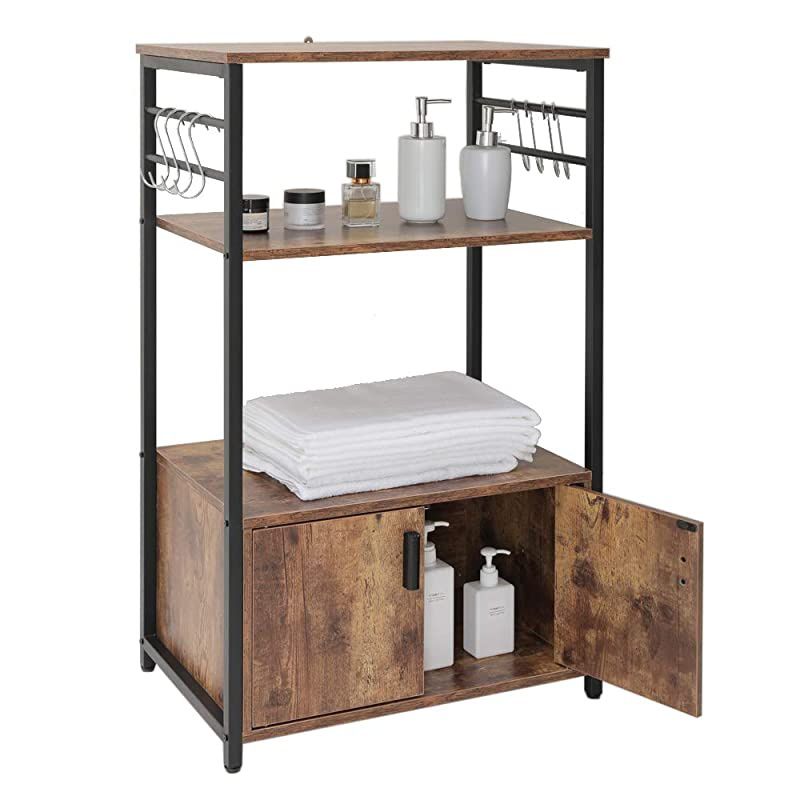 Kitchen Baker's Rack with 1 Cabinet and 8 Hooks, 3-Tier Utility Storage Shelf, Microwave Oven Stand, Industrial Storage Cabinet, Bookshelf for Living Room, Bathroom Cabinet, Rustic Brown